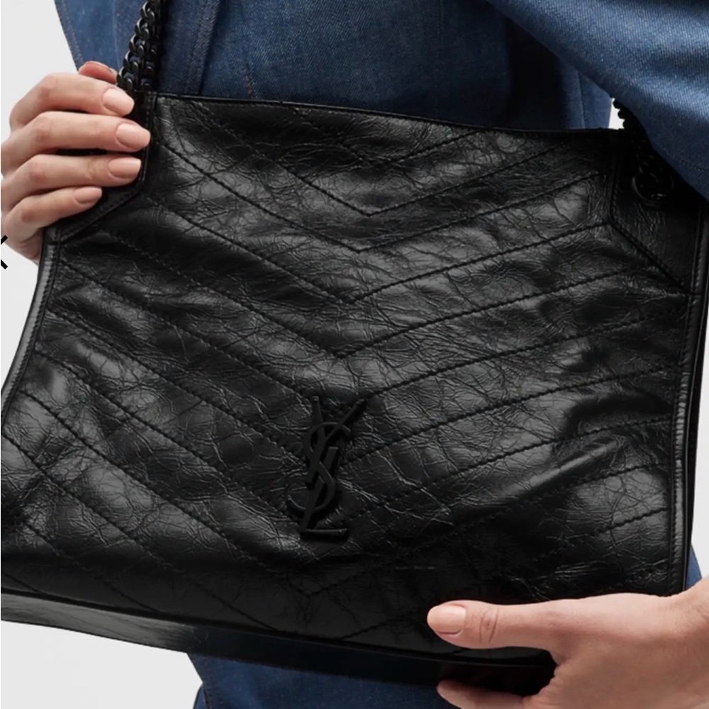 Niki Medium YSL Shopper Tote Bag in Crinkled Leather